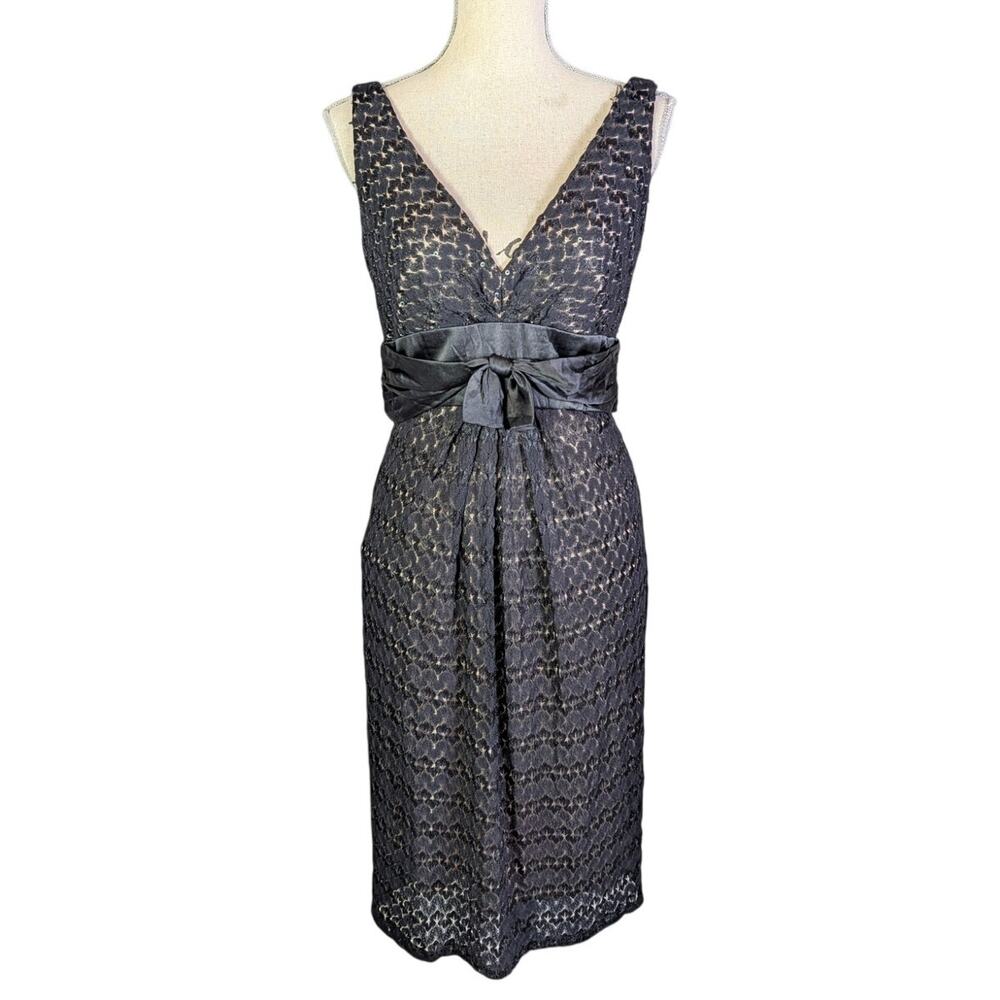 Maggy London Size 10 Black Lace Sequin Cocktail Dress Satin Bow